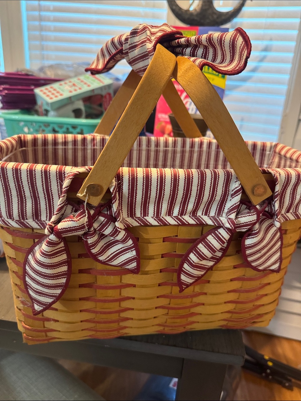 Authentic Longaberger basket Striped Red & Cream Woven Picnic Basket Handbag